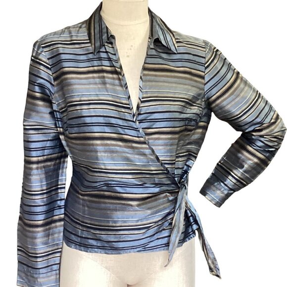 Ann Taylor Sz 8 Surplice Wrap Tie Top Striped 100% Silk 83G - Picture 1 of 8